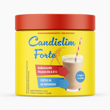 Gelbe Kunststoffdose mit rotem Deckel Candislim Forte Shakeglas und 30 Portionen à 11,5 g